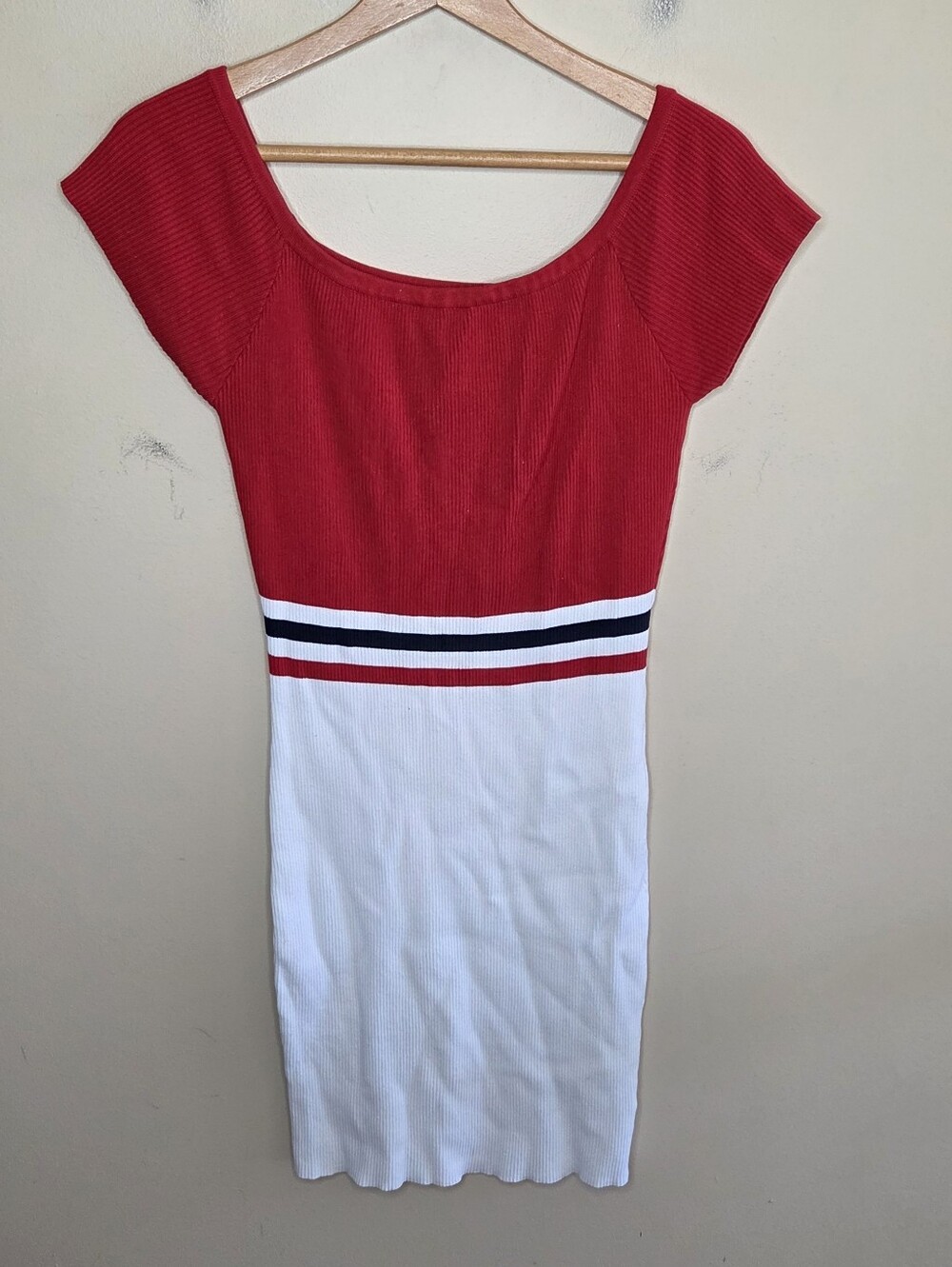 Venus Red White Ribbed Knit Colorblock Fitted Dress Size Large Nautical Sporty